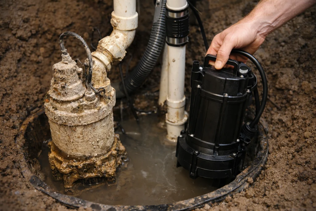 Aging 2000-era sump pump being replaced in Holly Barrie home